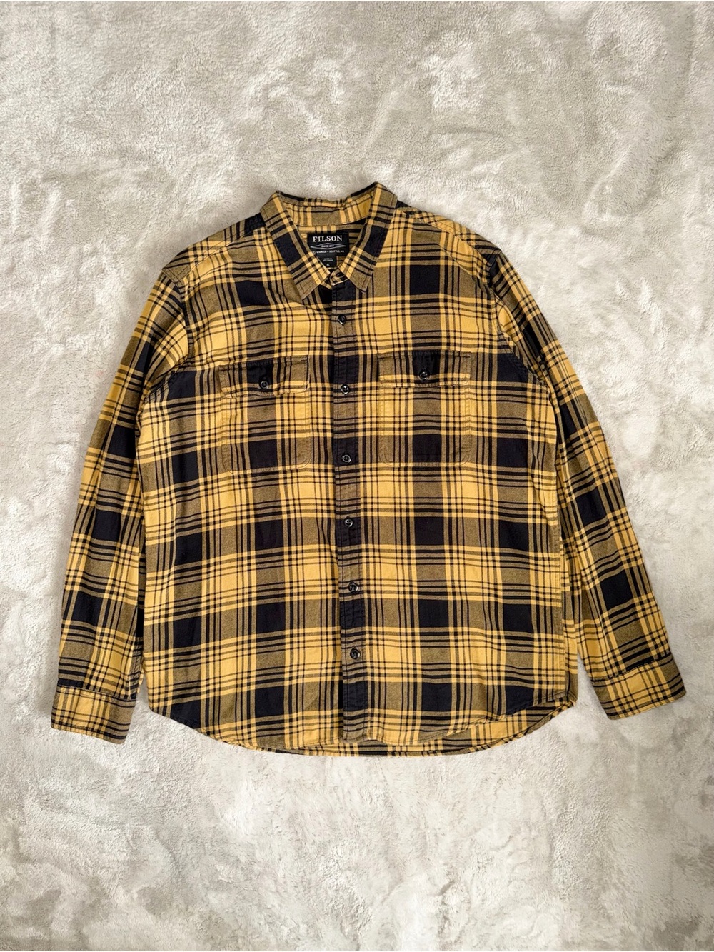Filson Scout Flannel Shirt Mens XL Black Gold Plaid Chest Pockets Workwear